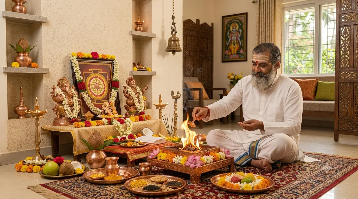Pandit ji performing puja in front of Ganesh and Lakshmi