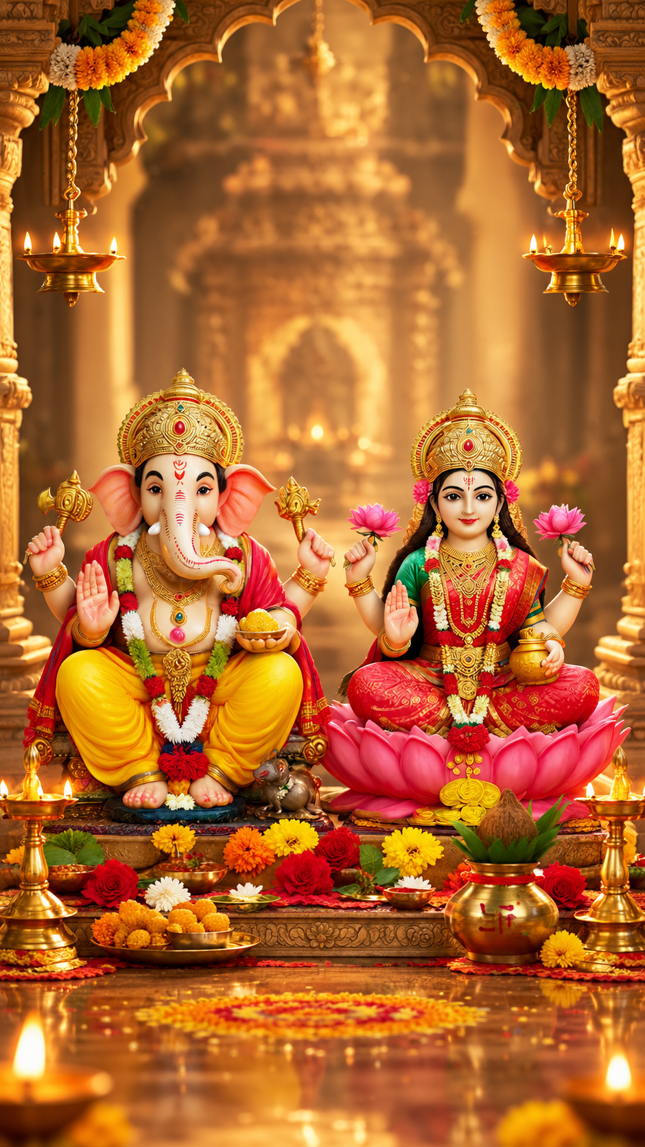 Golden altar with Ganesha and Lakshmi in a temple